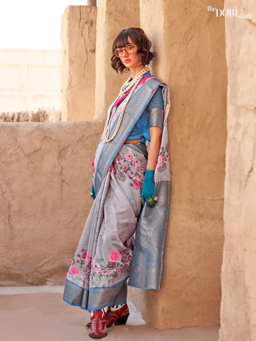 Blue and Cloud Grey Handloom Printed Georgette Silk Saree - party wear saree