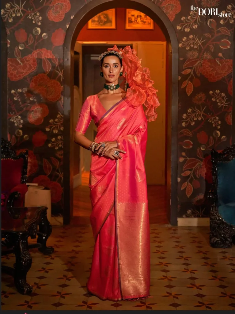 Peach Pink Handloom Banarasi Silk Saree - party wear saree