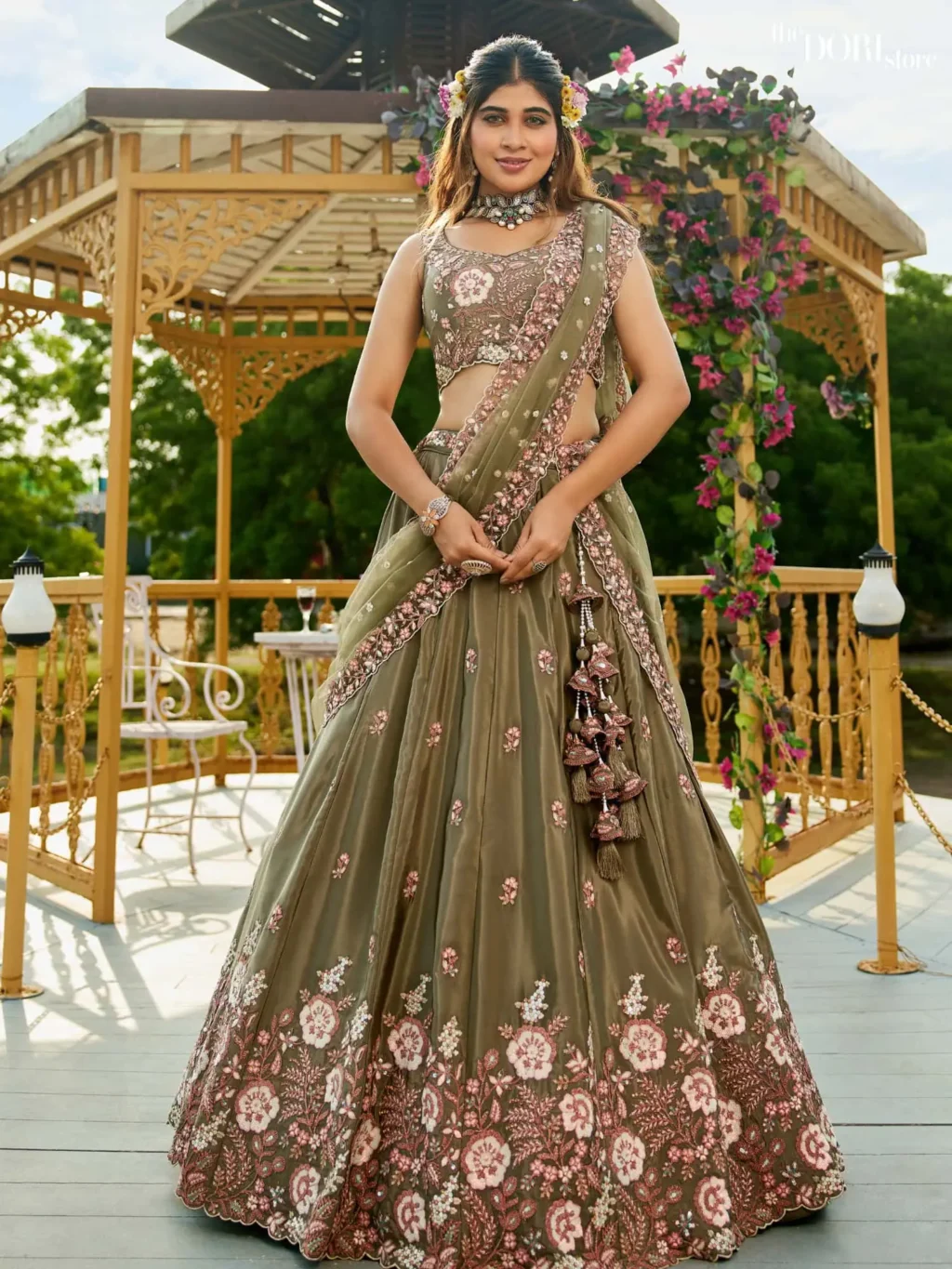 Olive Green Satin Sequinse embroidery Semi-Stitched Lehenga choli - Image 3