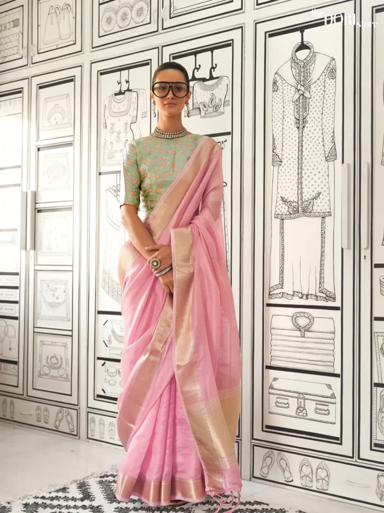 Light Blush Pink Moss Handloom Chiffon Silk Saree - party wear saree