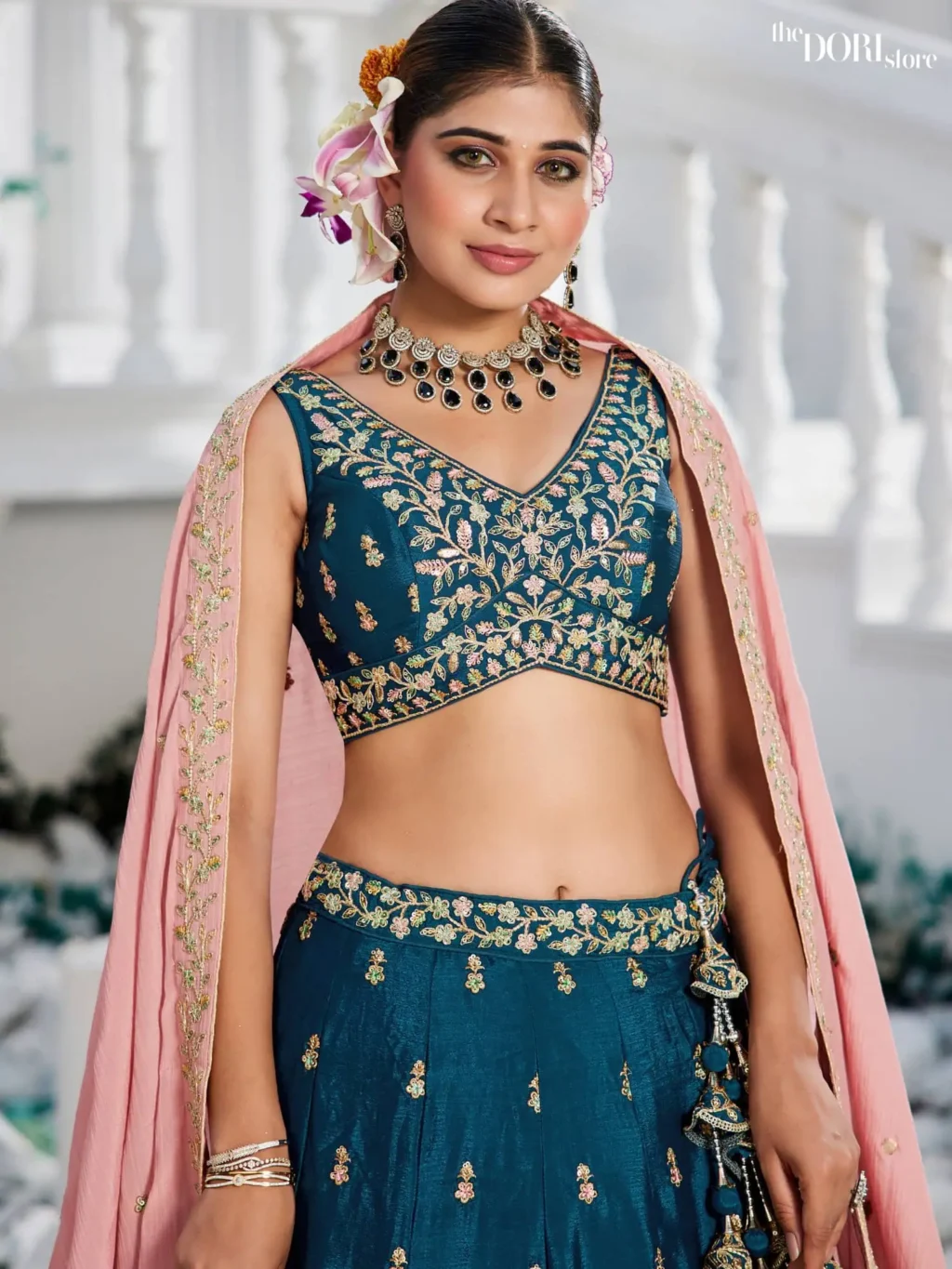 Navy Blue Chiffon Sequinse embroidery Semi-Stitched Lehenga choli - Image 3