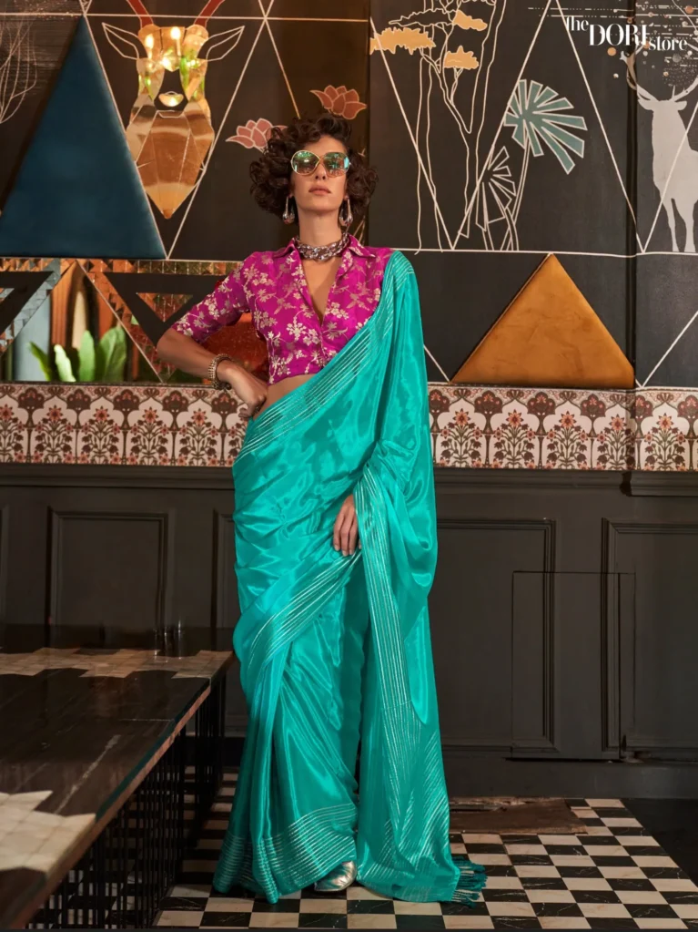 Ethnic Blue Pure Viscose Handloom Silk Saree with Contrast Blouse  - party wear saree