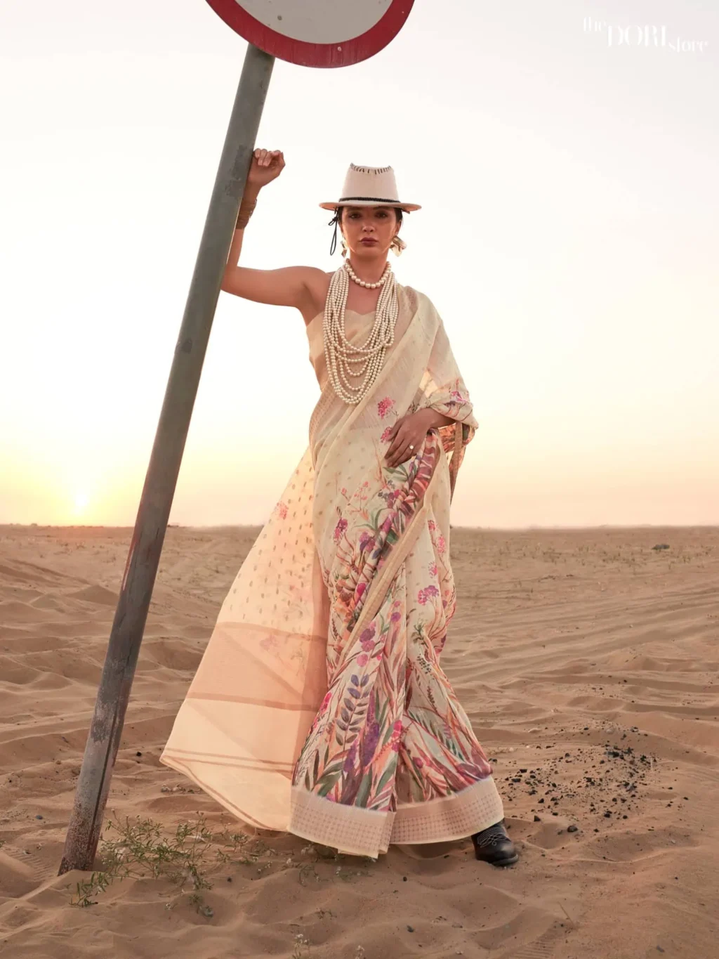 Beautiful Soft Cream Floral Printed Linen Saree - party wear saree