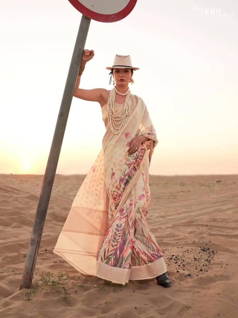 Beautiful Soft Cream Floral Printed Linen Saree - party wear saree