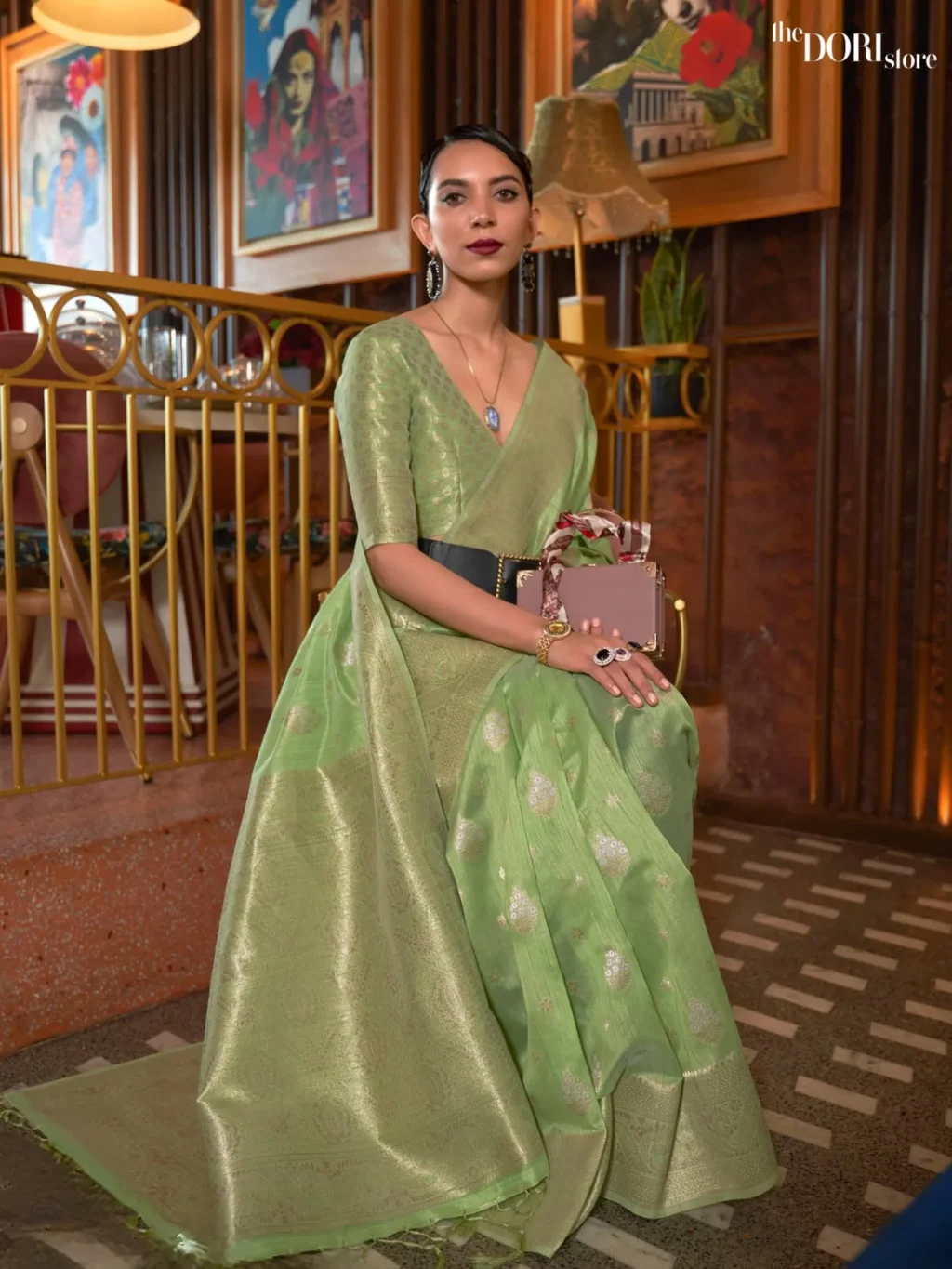Light Green Designer  Banarasi Tussar Silk Saree  - party wear saree