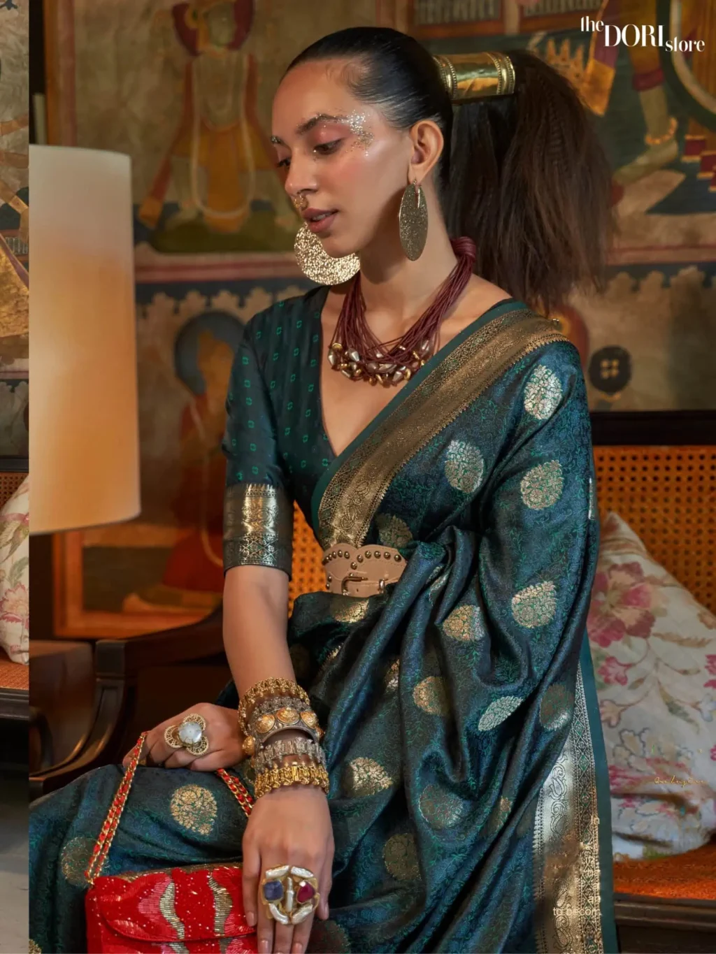 Ethnic Teal Green Pure Satin Partywear Banarasi Silk Saree - Image 2