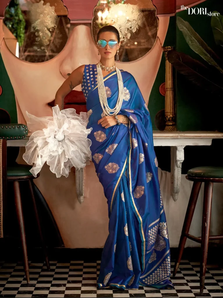 Etnhnic Blue Designer Banarasi Satin Silk Saree - party wear saree