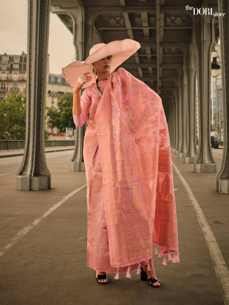 Beautiful Peach Pink Kashmiri Woven Organza Silk Saree - party wear saree