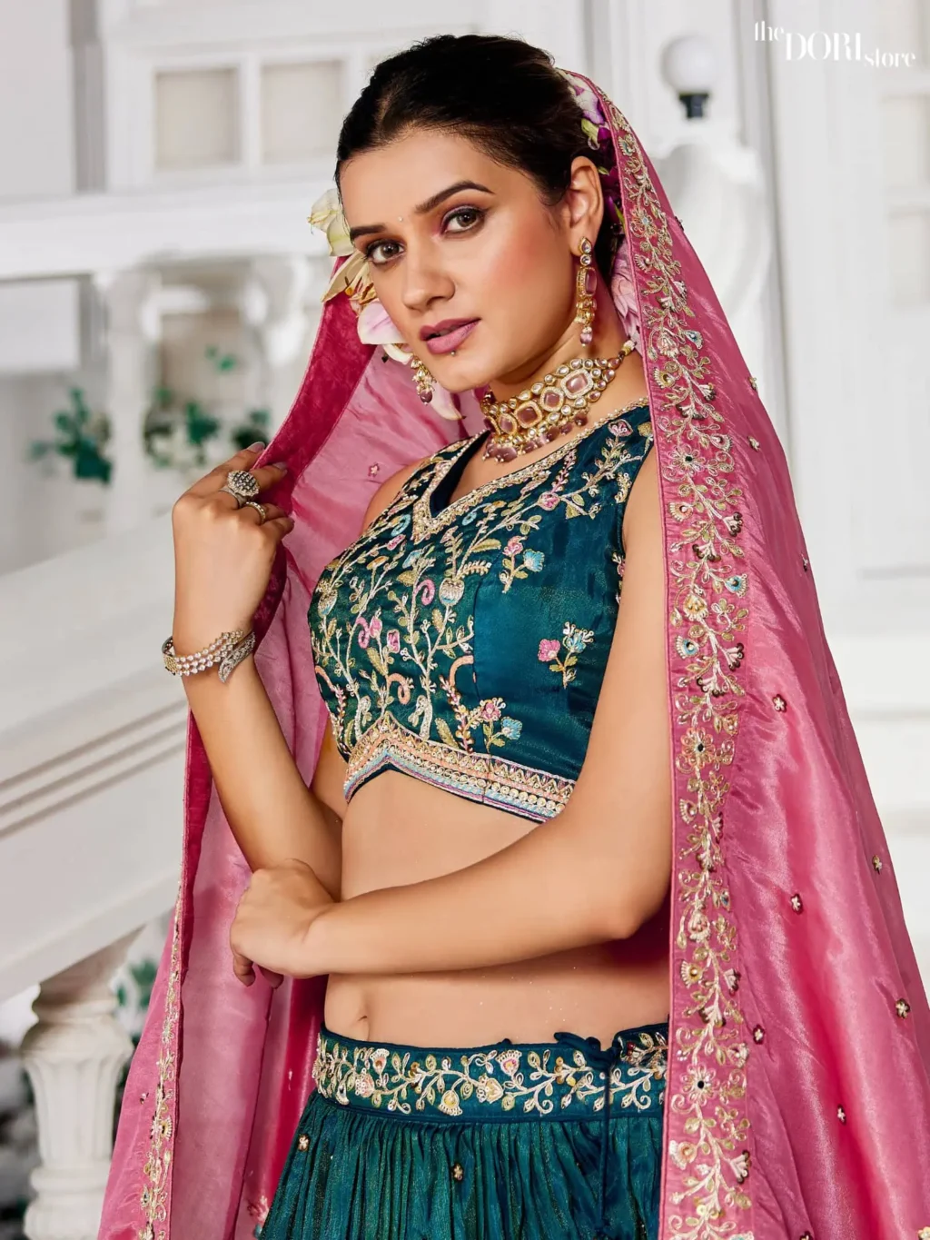 Teal Green Satin Sequinse embroidery Semi-Stitched Lehenga choli - Image 4