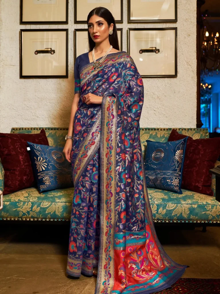 Royal Blue Jamewar Kashmiri Silk Saree - party wear saree
