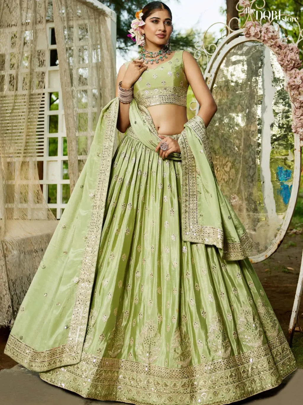 Lime green Chiffon Sequinse embroidery Semi-Stitched Lehenga choli - Image 4