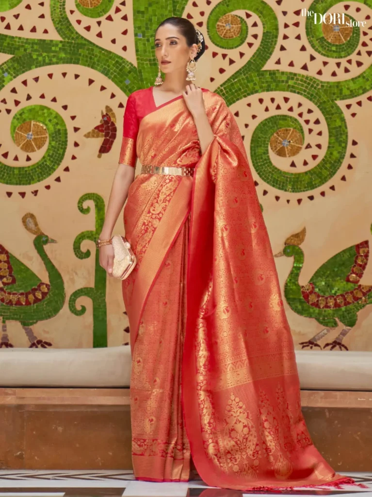 Fiery Red Aura Kanjeevaram Silk Saree - party wear saree