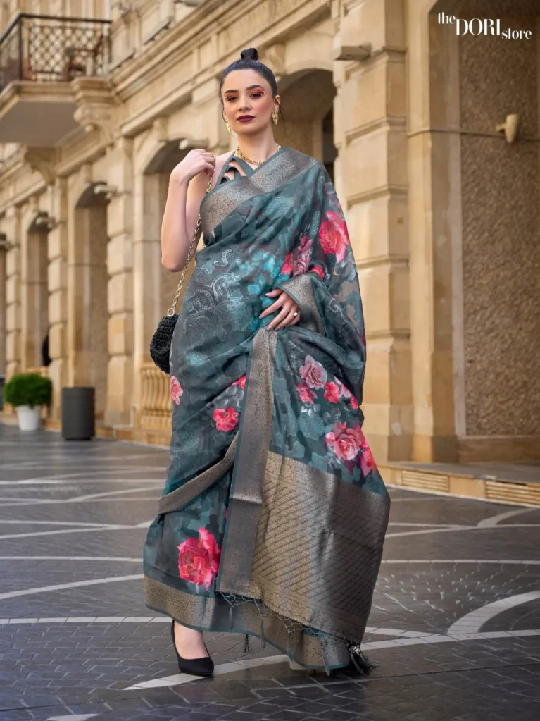 Teal Green Border Brasso Poly Printed Saree  - party wear saree