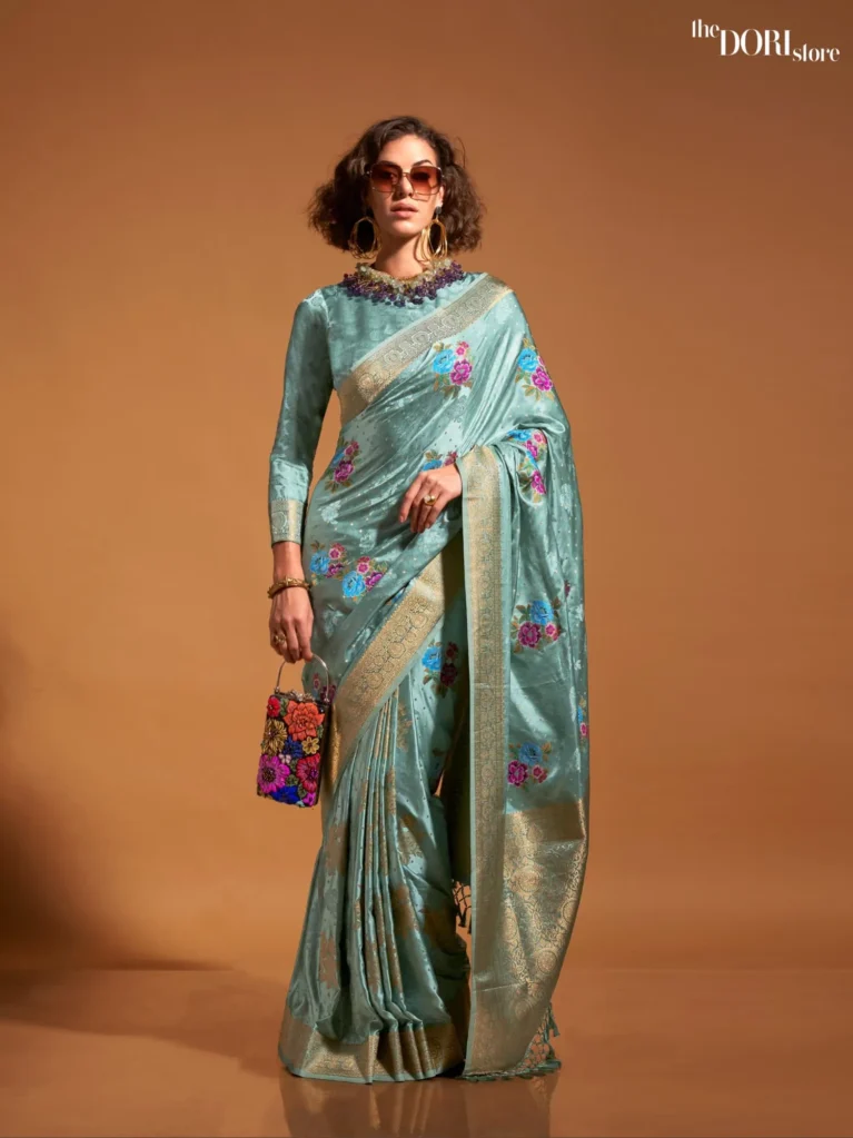 Ocean Blue Partywear Handloom Satin Silk Saree - party wear saree