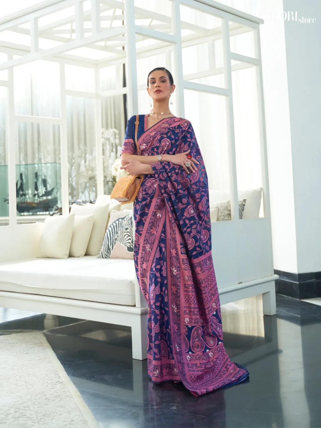 Navy Blue Chickankari Lucknowi Woven Saree - party wear saree