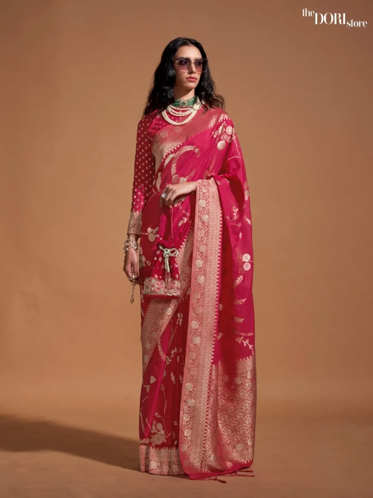 Raspberry Pink Banarasi Georgette Handloom Silk Saree - party wear saree