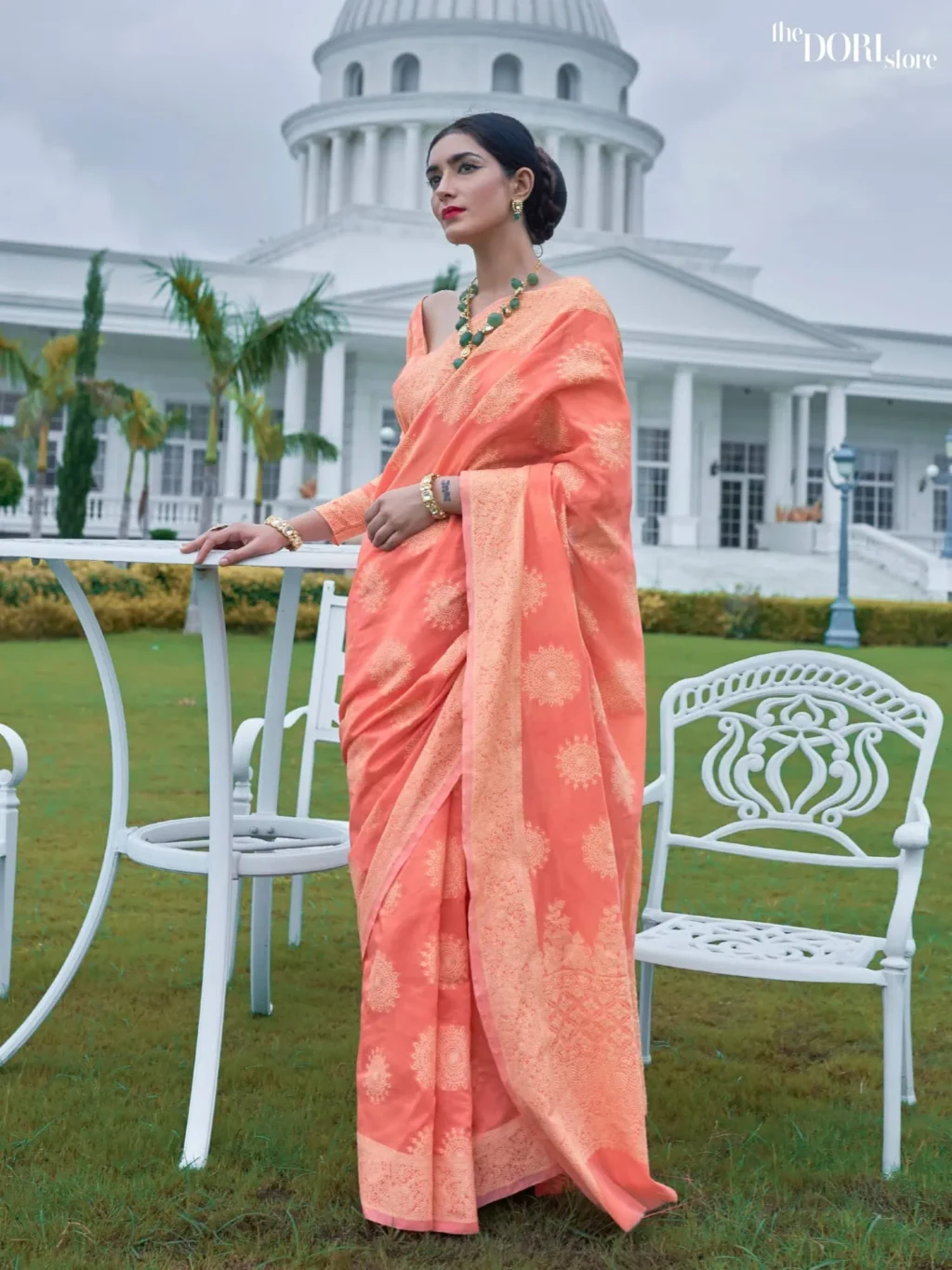 Soft Orange Bloom Lucknowi Georgette Weaving Saree - party wear saree