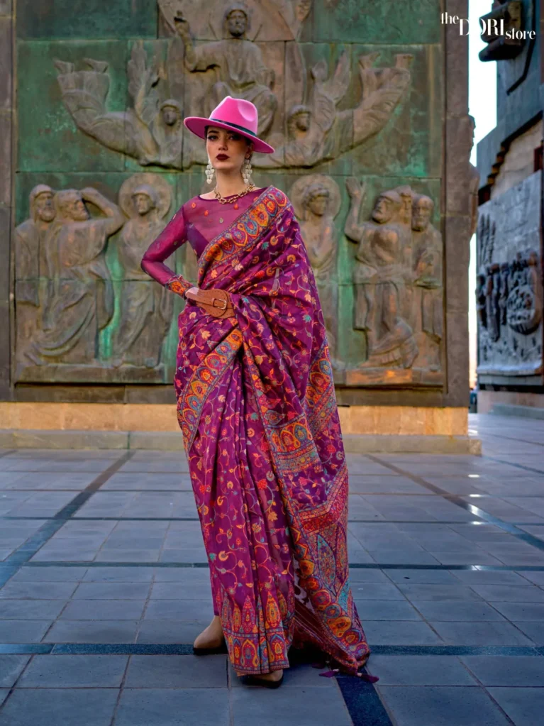 Wine Purple Kashmiri Organza Soft Silk Saree - party wear saree
