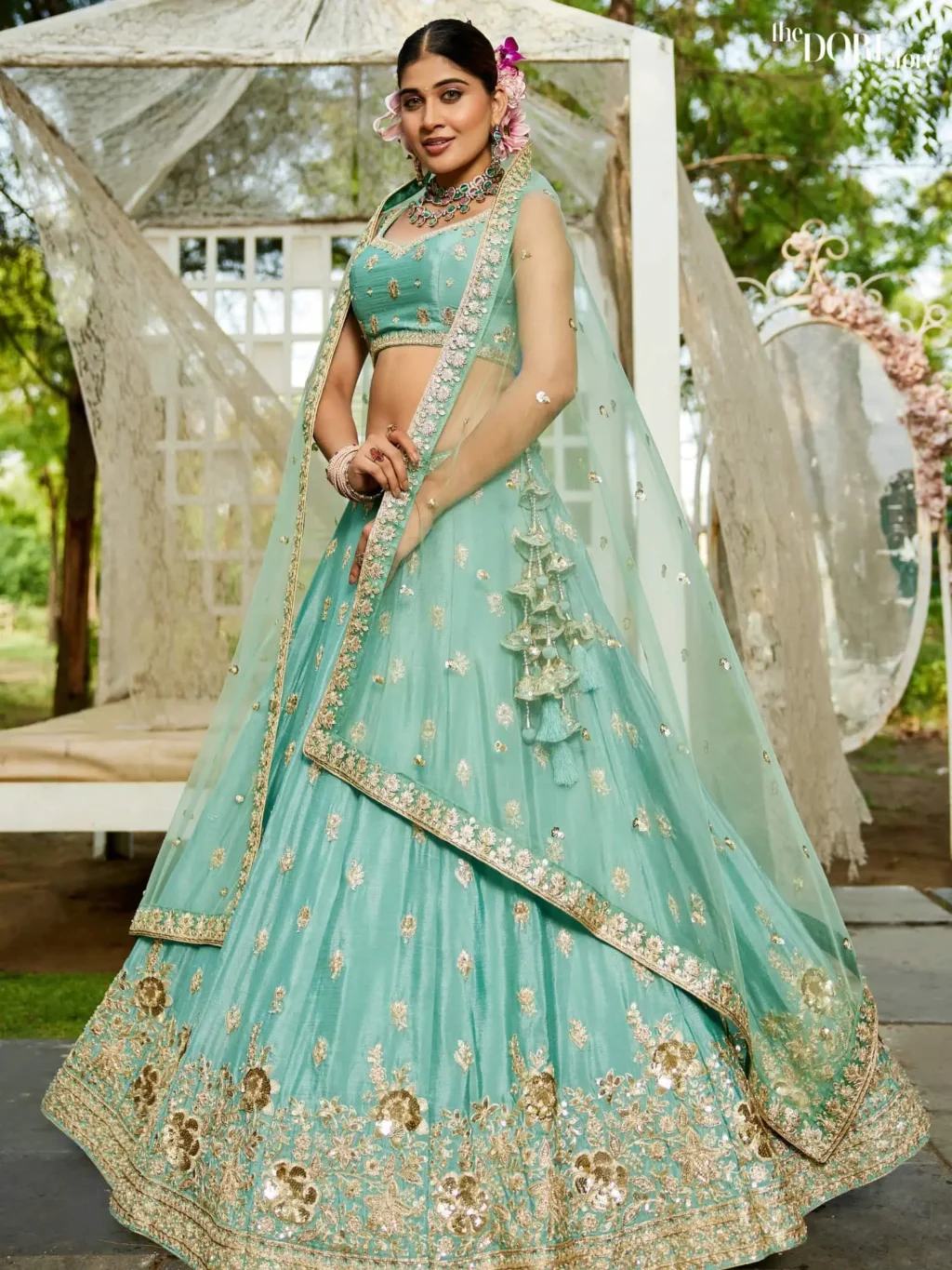 Ethnic Blue Chinnon Sequinse embroidery Semi-Stitched Lehenga choli - Image 3