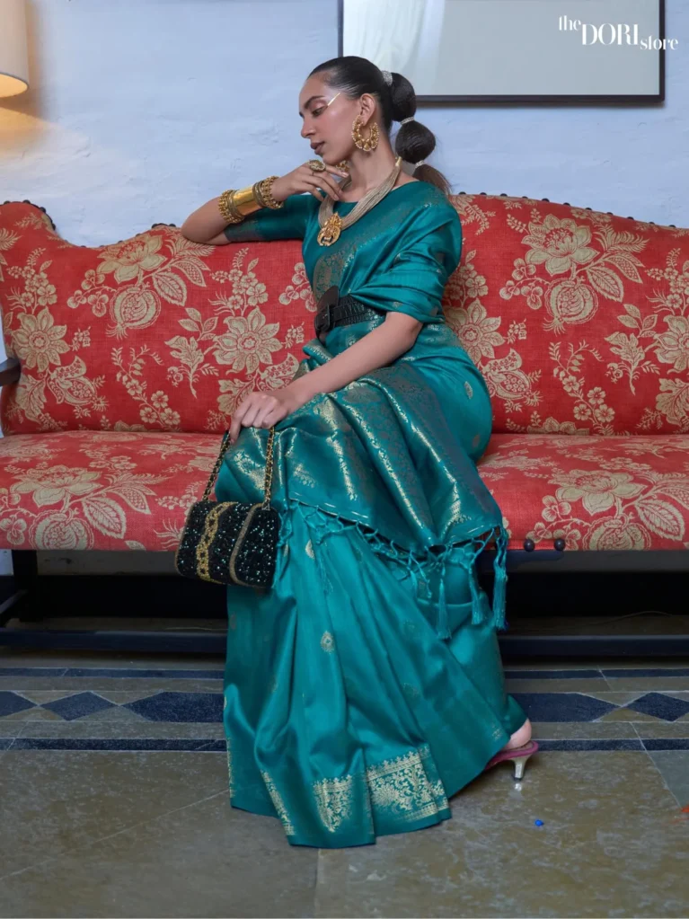Ethnic Teal Blue Wedding Wear Soft Banarasi Silk Saree - party wear saree
