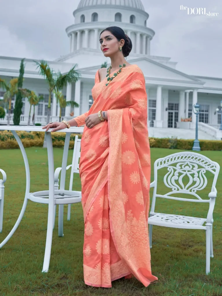 Soft Orange Bloom Lucknowi Georgette Weaving Saree - party wear saree