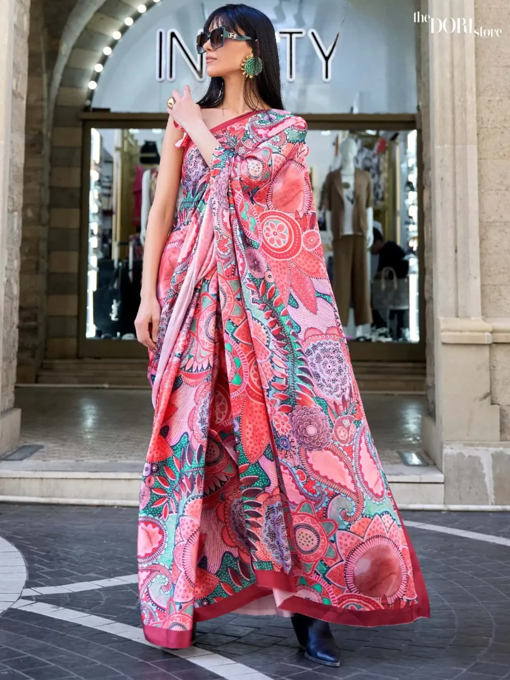 Pink and Multicolor Digital Print Satin Crepe Silk Saree - party wear saree