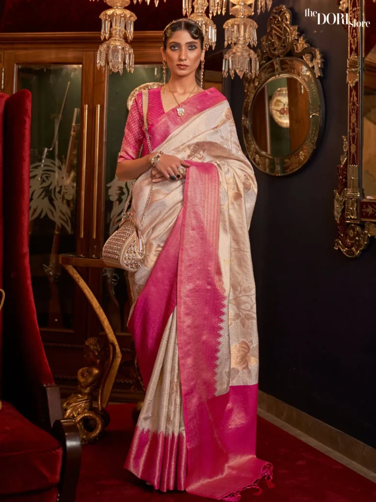 Pinkish Cream Soft Banarasi Handloom Silk Woven Saree - party wear saree