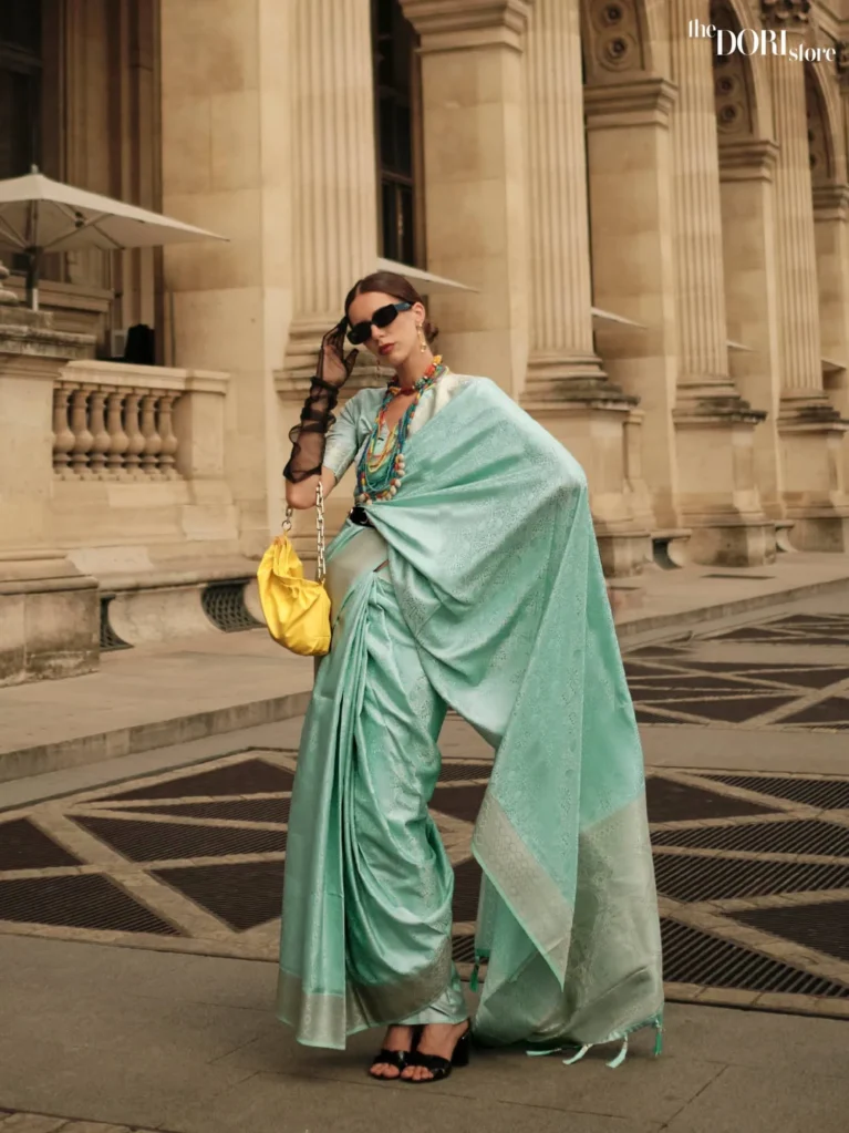 Envy Blue Pure Satin Handloom Woven Silk Saree - party wear saree