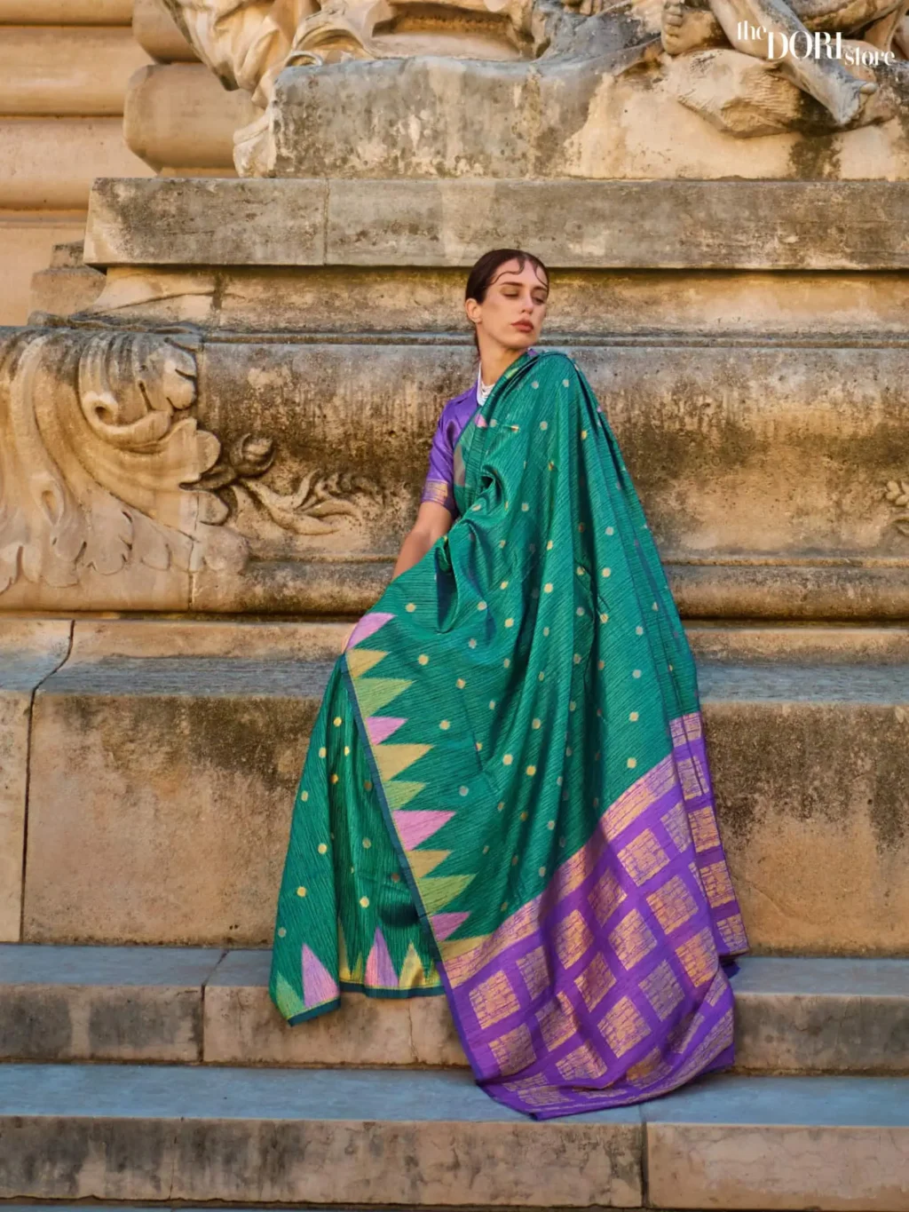 Peacock Green Handloom Khadi Silk Saree with Contrast Blouse  - party wear saree