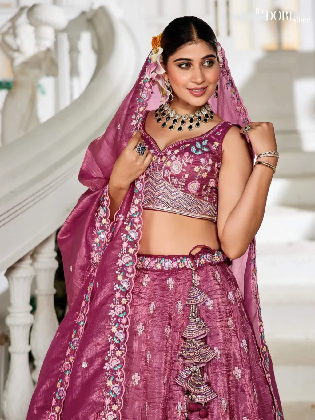 Burgundy Tissue Sequinse embroidery Semi-Stitched Lehenga choli - Image 4