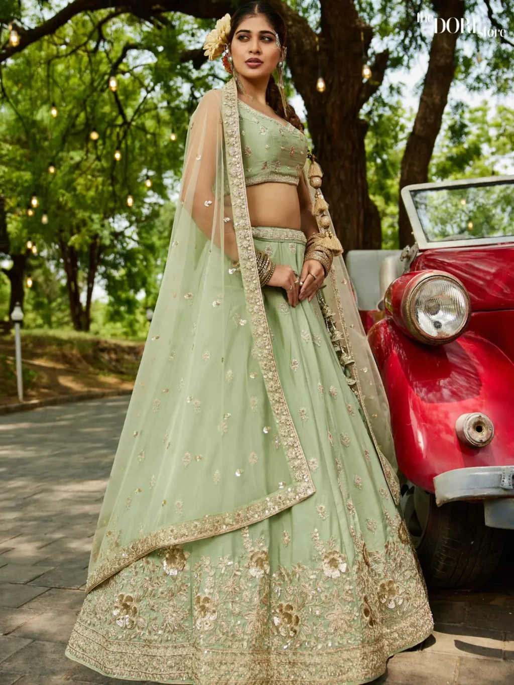 Lime Green Chinnon Sequinse embroidery Semi-Stitched Lehenga choli - Image 4