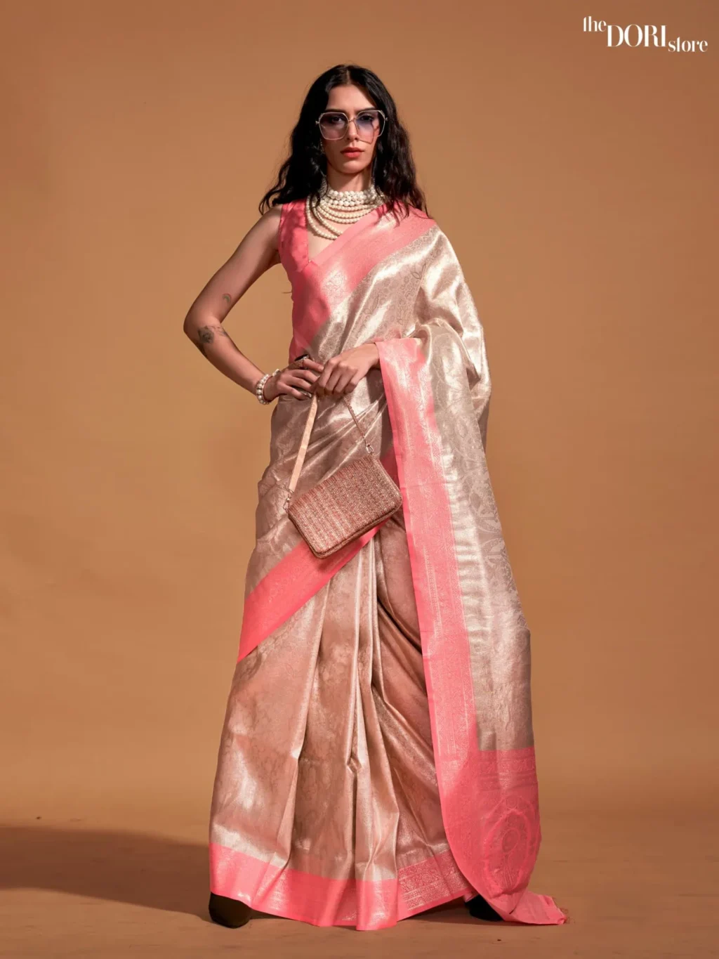 Beige and Peach Handwoven Kanjeevaram Silk Saree - party wear saree
