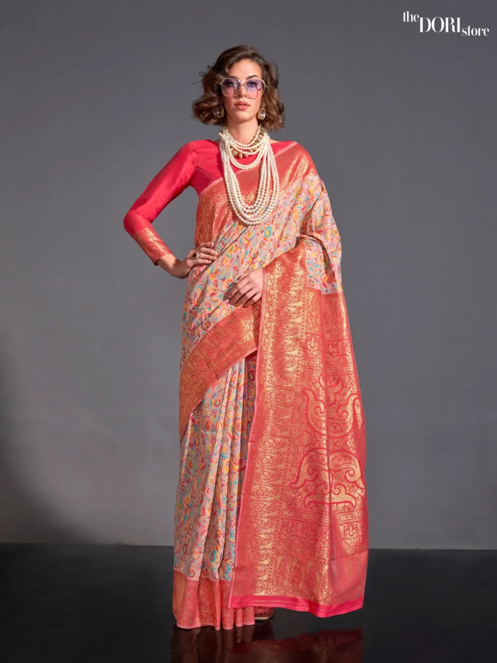 Peach Pink Modal Kashmiri Woven Silk Saree - party wear saree