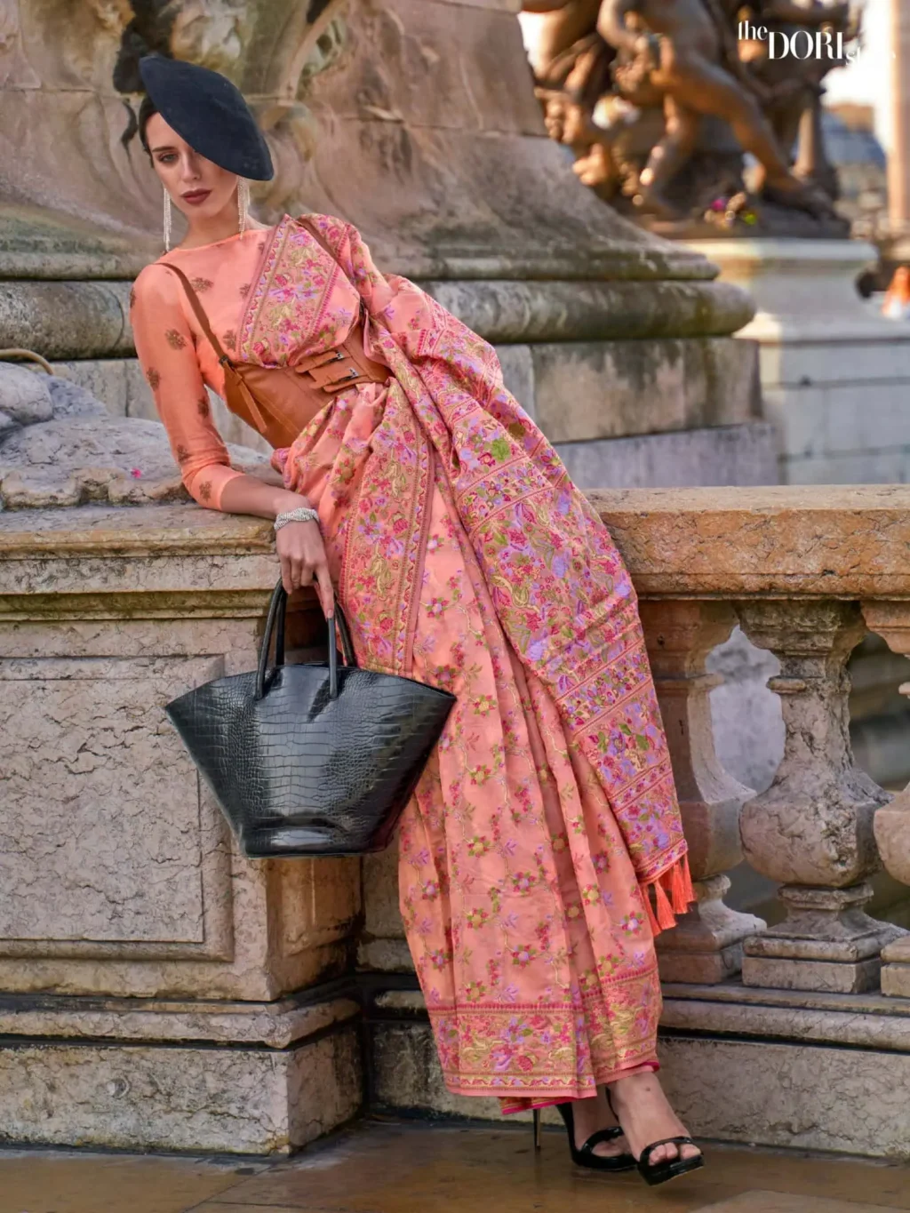 Peach Pink Handloom Parsi Organza Woven Silk Saree  - party wear saree