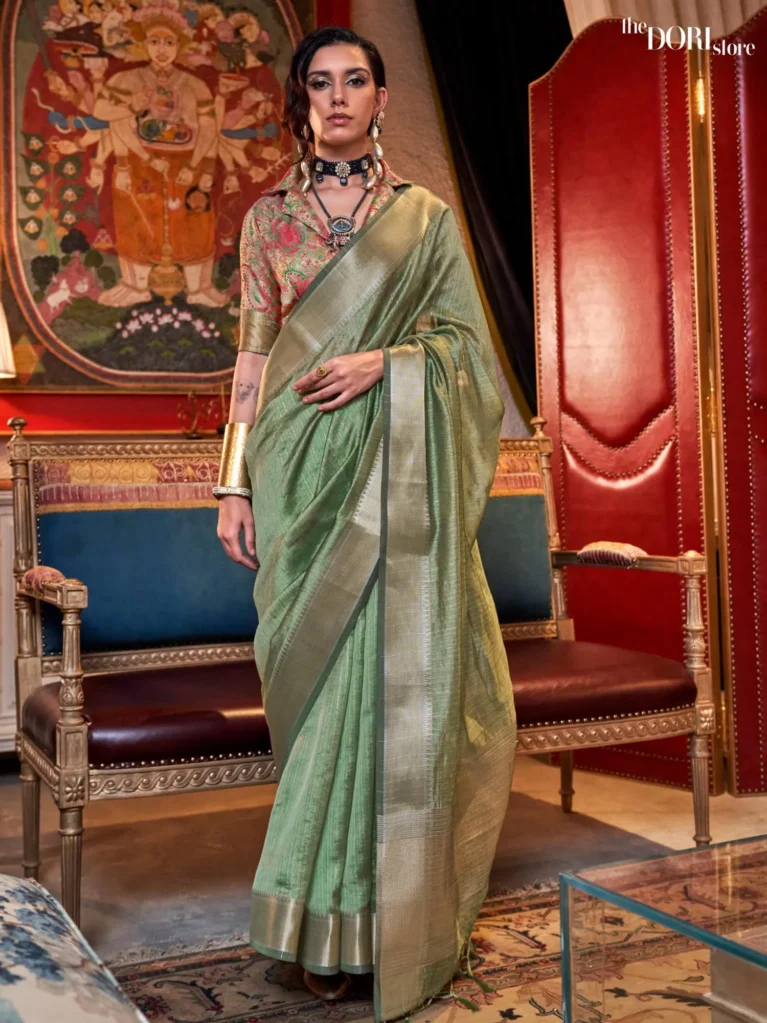 Dusky Green Moss Chiffon Silk Saree with Contrast Blouse  - party wear saree