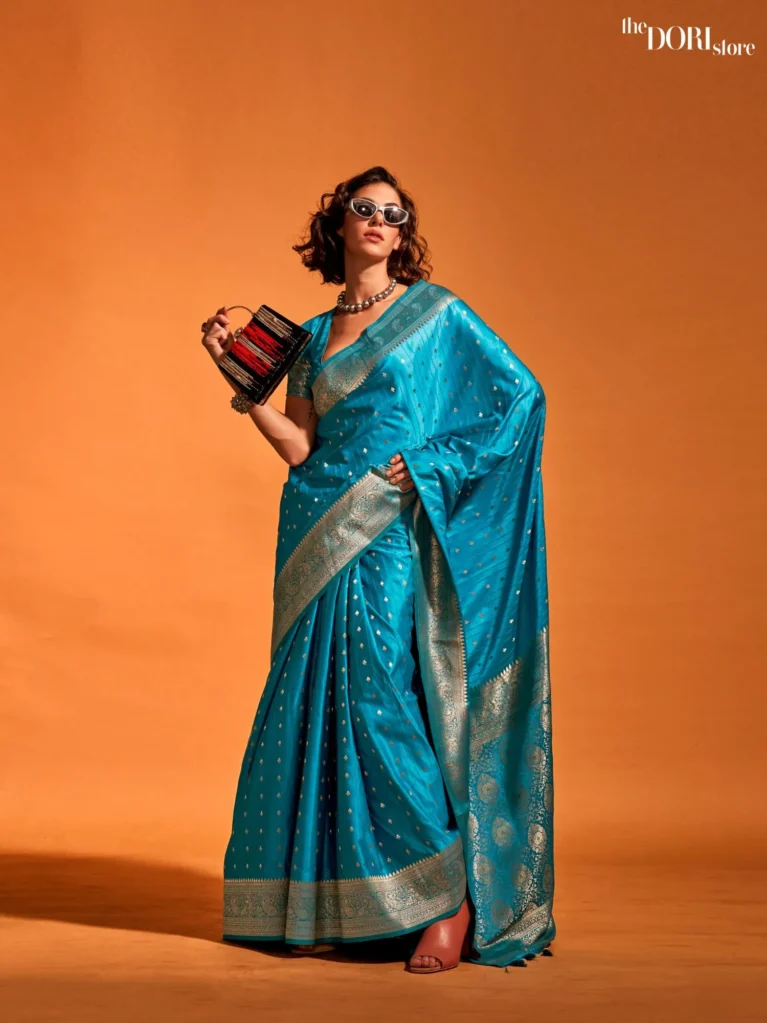 Ethnic Blue Dual Tone Banarasi Satin Silk Sare - party wear saree