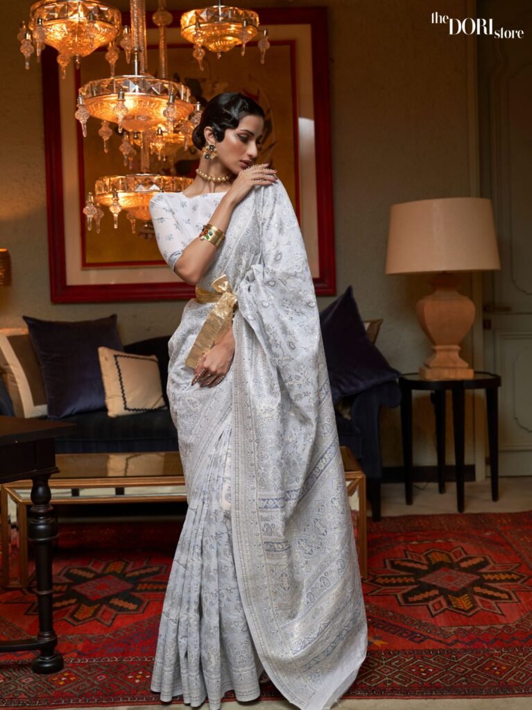 Silver Grey  Kashmiri Modal Handloom Silk Saree - party wear saree