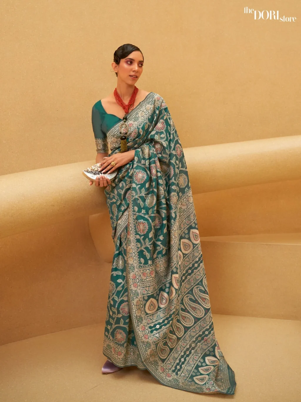 Dark Green Chickankari Lucknowi Banarasi Silk Saree - party wear saree