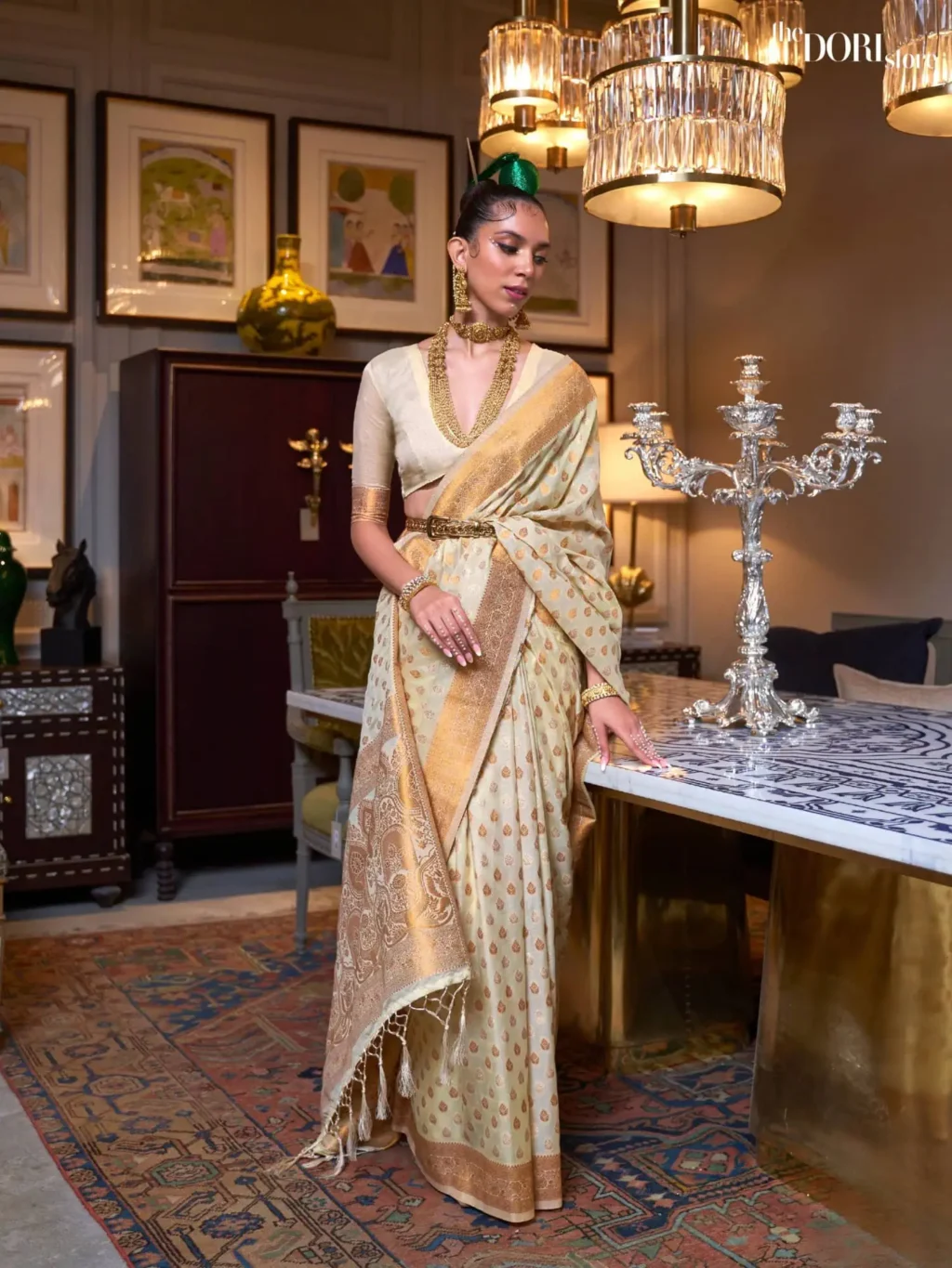 Ethnic Designer Golden White  Pure Khadi Zari Woven Silk Saree - party wear saree