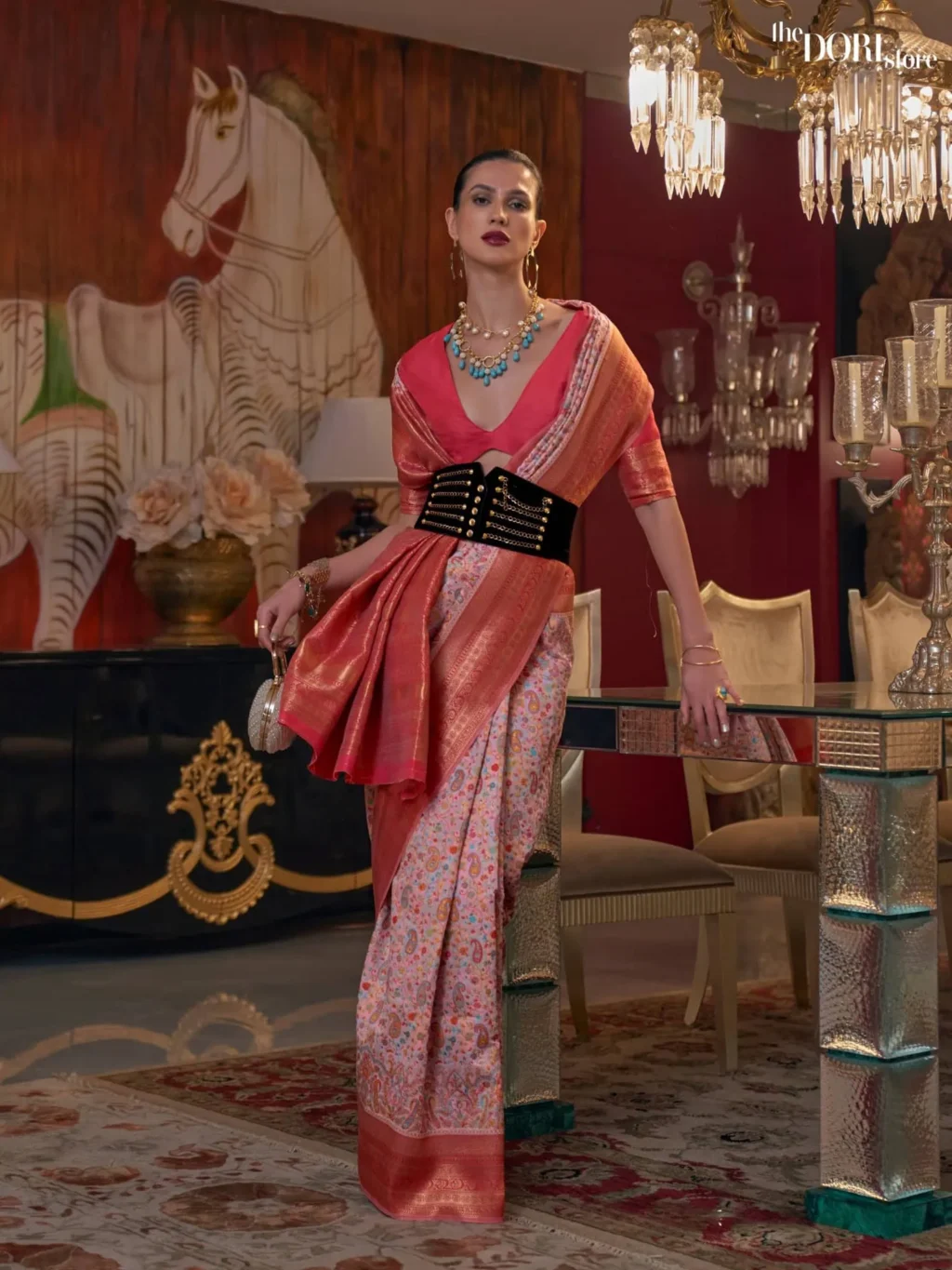 Bloom Pink Kashmiri Jamewar Silk Saree - party wear saree