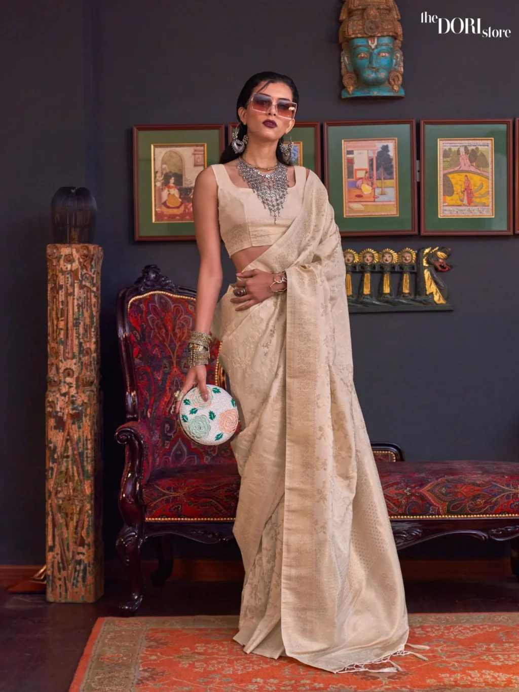 Beige Cream Soft Banarasi Katan Silk Woven Saree - party wear saree