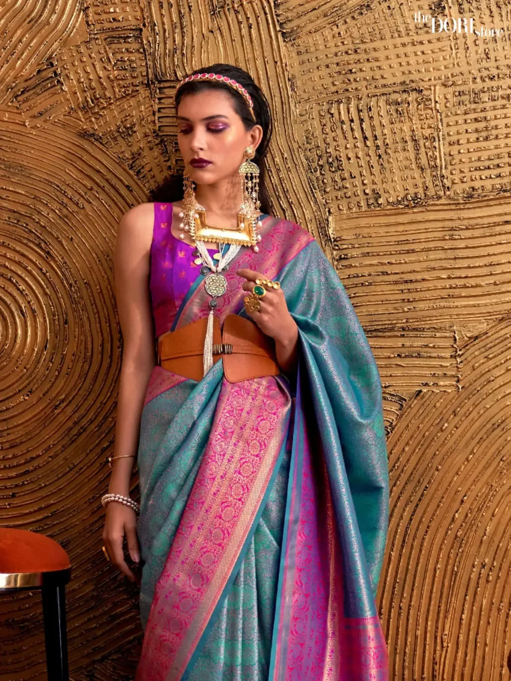 Beautiful Purplish Blue Kanjeevaram Handloom Silk Saree - Image 3