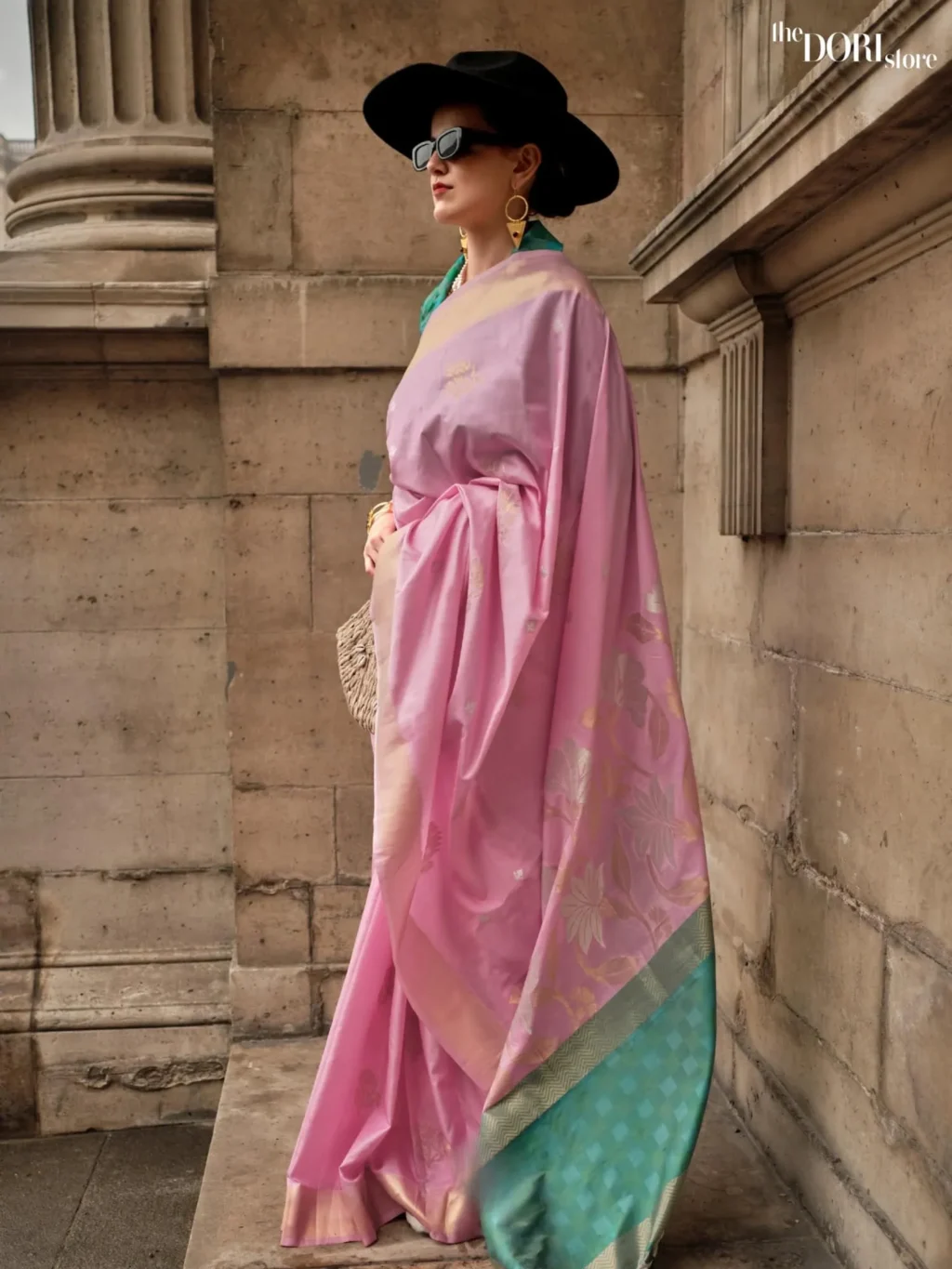 Greenish Pink Zari Soft Silk Handloom Woven Saree - party wear saree