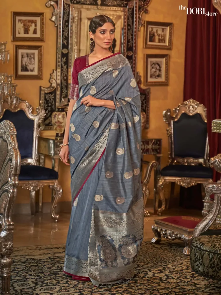 Royal Grey Banarasi Tussar Silk Saree - party wear saree