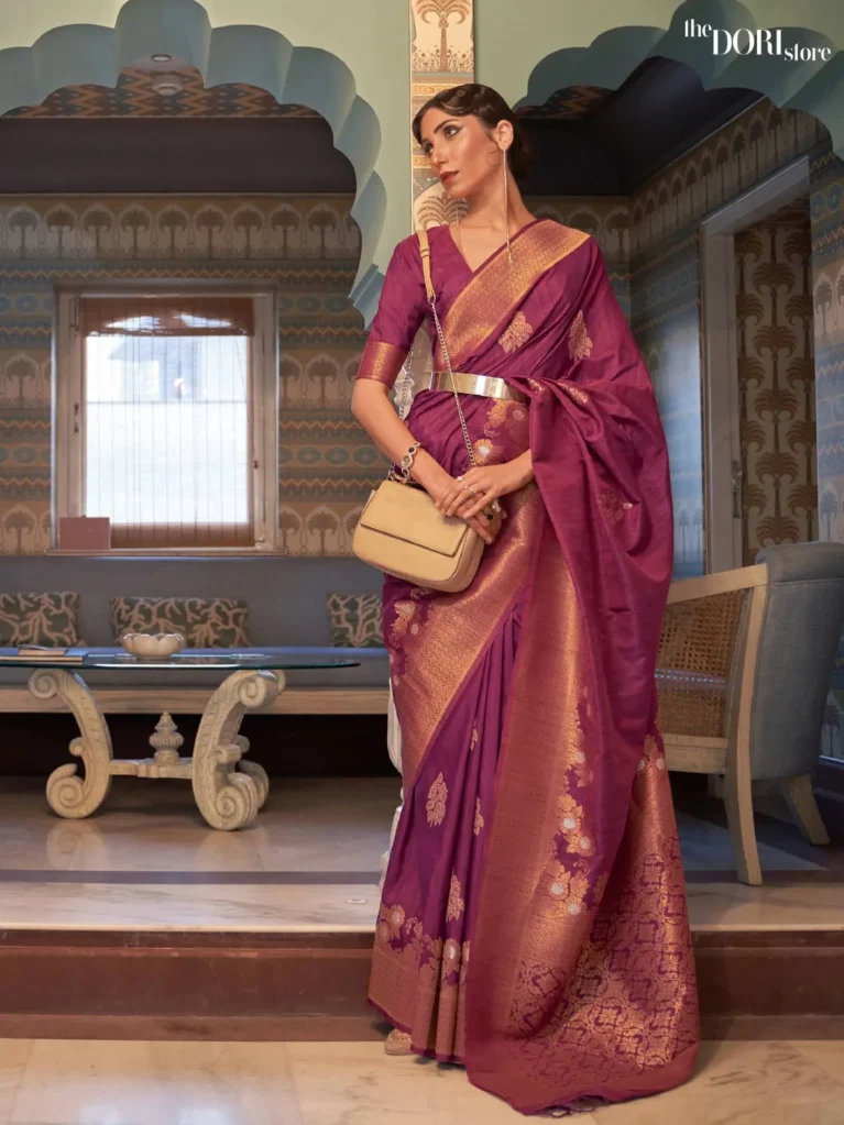 Royal Wine Purple Luxe Copper Zari Tussar Silk Saree - party wear saree