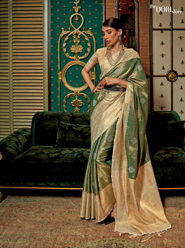 Golden Green Designer Kanjeevaram Silk Saree - party wear saree
