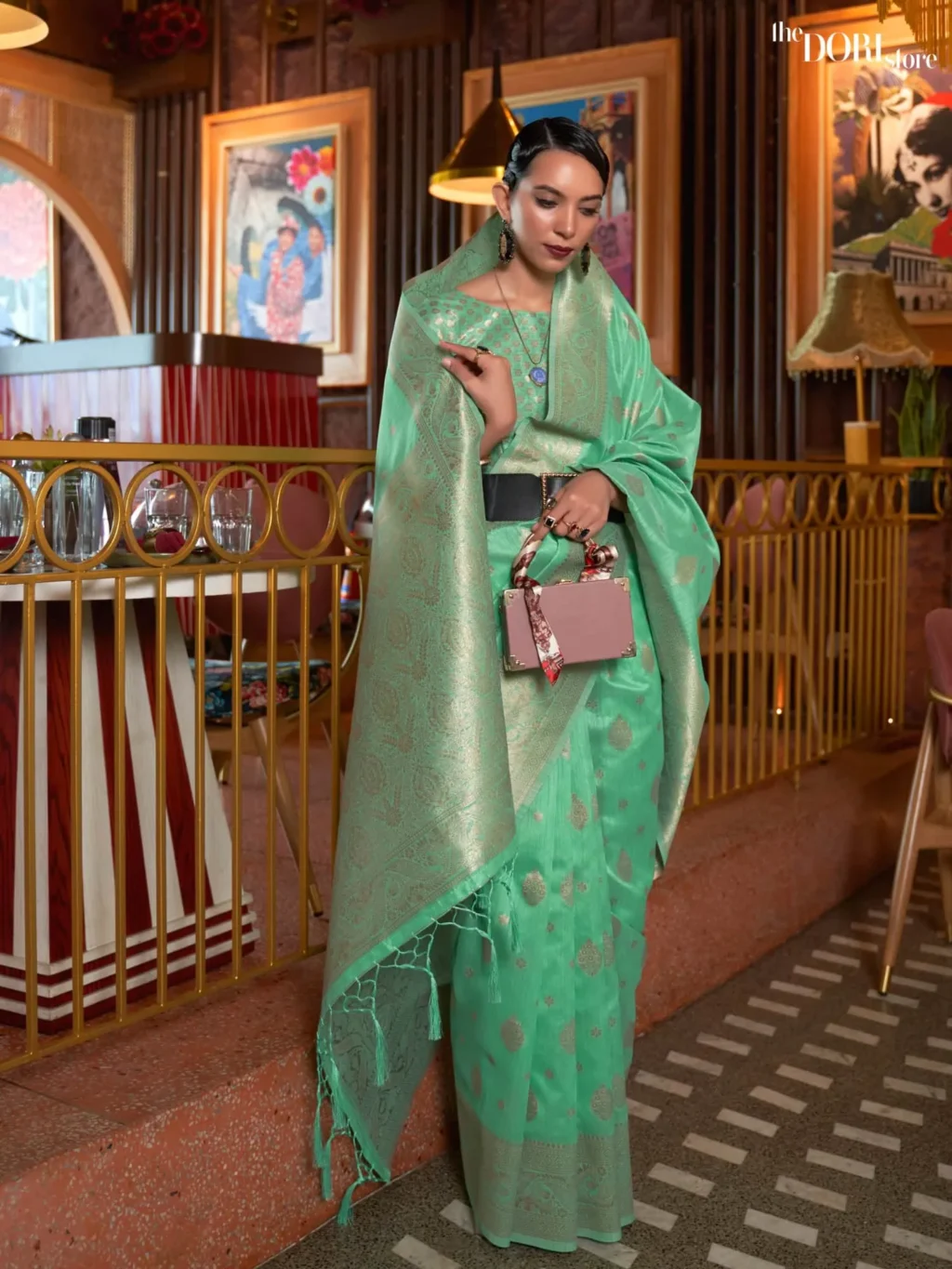 Aqua Green Designer  Banarasi Tussar Silk Saree  - party wear saree