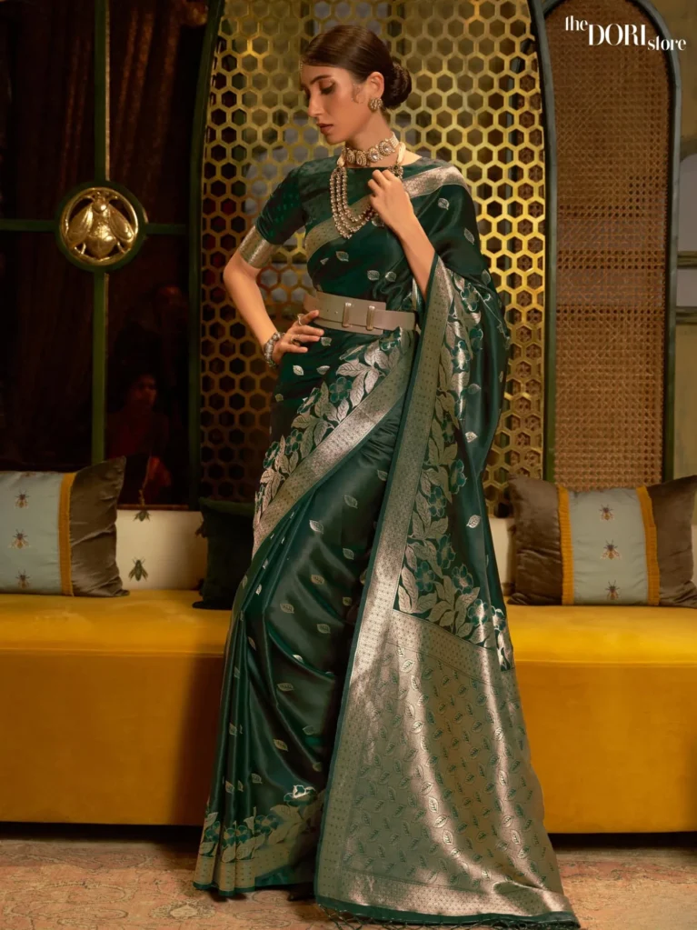 Partywear Dark Green Banarasi Satin Silk Saree - party wear saree