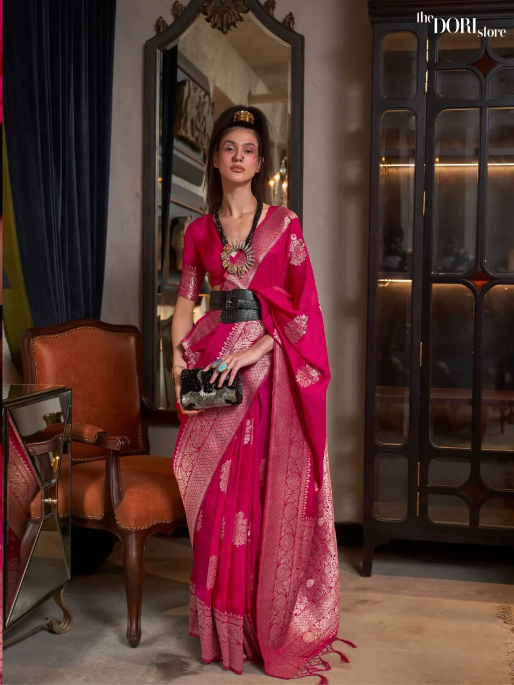 Ethnic Rose Pink Pure Khadi Georgette Woven Saree - party wear saree