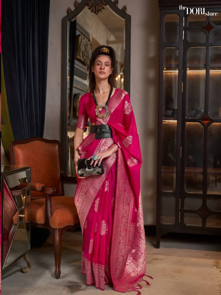 Ethnic Rose Pink Pure Khadi Georgette Woven Saree - party wear saree